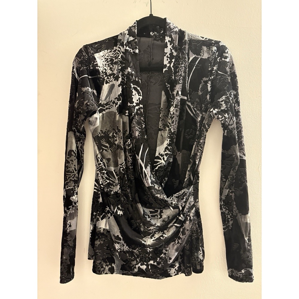 Y2K Womens Black Velvet Faux Wrap Top Small Long Sleeve Stretch Whimsigoth Goth